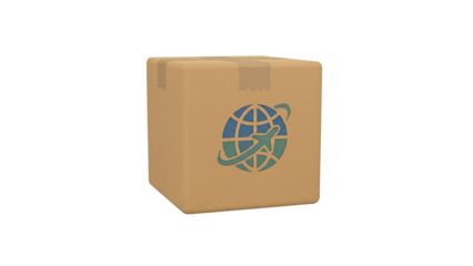 3D rendering of a cardboard box with a blue globe logo on the side in a plain white environment
