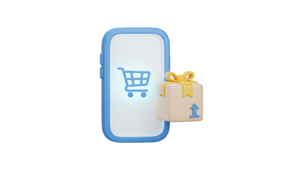 3D rendering of a smartphone with a shopping cart icon on the screen and a gift box beside it