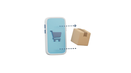 3D rendering of a mobile phone with a shopping cart and a parcel box beside it