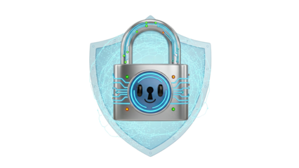 3D rendering of a silver padlock on a blue shield with a keyhole in the center