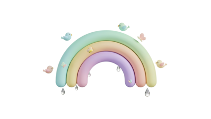 A colorful 3D rendering of a pastel rainbow surrounded by floating clouds and stars in a whimsical environment