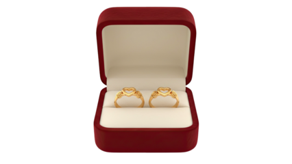 3d rendering of golden wedding rings in a red jewelry box on a white background