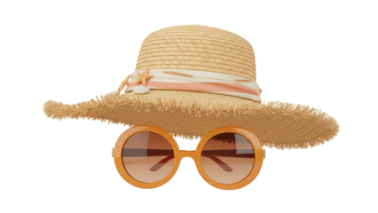 Summer fashion accessories including a straw hat and sunglasses on a white background in a 3D rendering style illustration