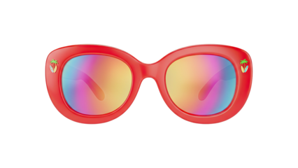 Vibrant red sunglasses with rainbow lenses and heart details in a 3D rendering on a plain white background