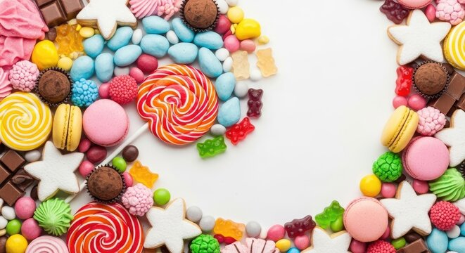A colorful assortment of candies and chocolates on a white background.