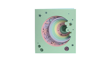 A 3D rendering of a colorful crescent moon surrounded by stars and planets in a whimsical space scene