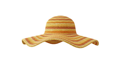 3D rendering of a vibrant yellow sun hat with orange stripes on a white background