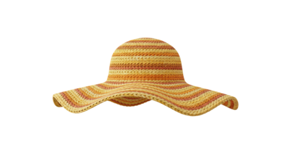 3D rendering of a vibrant yellow sun hat with orange stripes on a white background