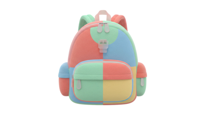 3d rendering of a colorful cartoon backpack with a smiling face on a white background