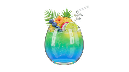Vibrant tropical cocktail in a glass with fruits and leaves, a colorful 3D rendering of a refreshing summer drink