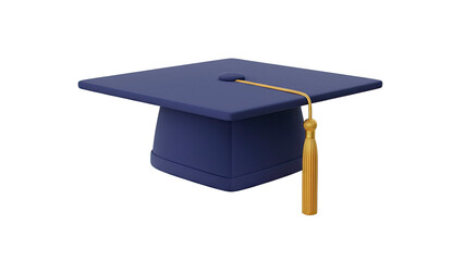 A 3D rendering of a blue graduation cap with a gold tassel on a white background