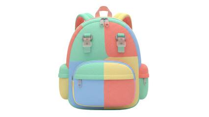 A 3D rendering of a colorful backpack with multiple pockets and buckles displayed on a white background