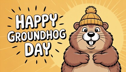 Groundhog Day Celebration: A charming groundhog character, adorned in a cozy beanie, beams with delight against a sunny background, heralding the annual Groundhog Day.