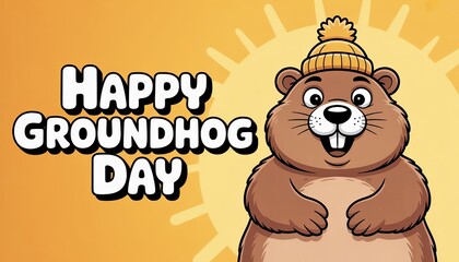 Groundhog Day Celebration: A cheerful groundhog with a knitted cap and an inviting smile joyously announces Happy Groundhog Day against a bright orange backdrop.
