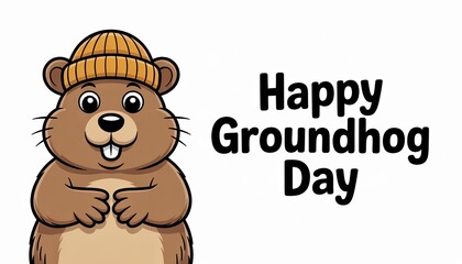 Happy Groundhog Day Illustration: A charming illustration featuring a friendly groundhog wearing a stylish beanie, set against a message for Groundhog Day! 