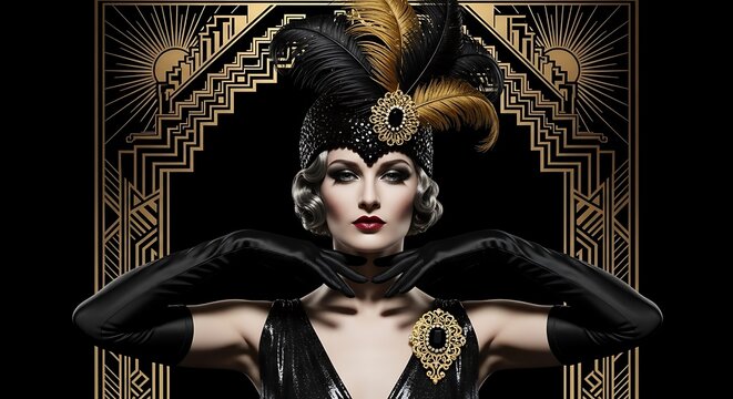 Elegant woman in 1920s flapper fashion with a feathered headpiece and black gloves. Art Deco style portrait featuring gold geometric frames, vintage glamour, and Gatsby-inspired luxury.