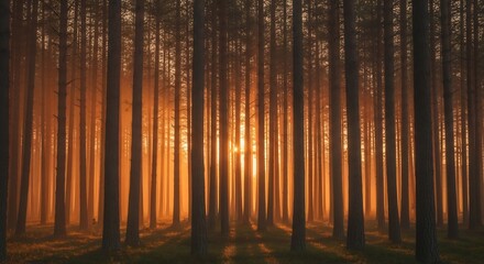 Obraz premium Sunlit Forest - A Serene Scene of Trees Bathed in Golden Light.