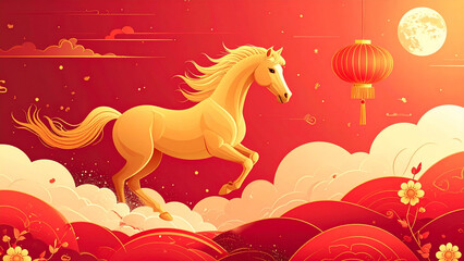A white horse running through a green forest in a simple cartoon illustration. chinese new year of the horse zodiac