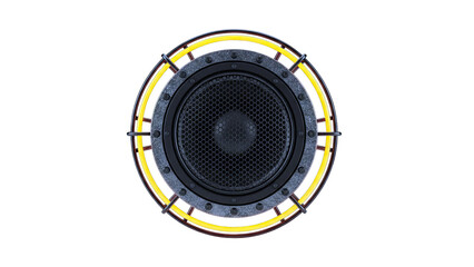 Top View of a Speaker with Yellow and Black Protective Grille
