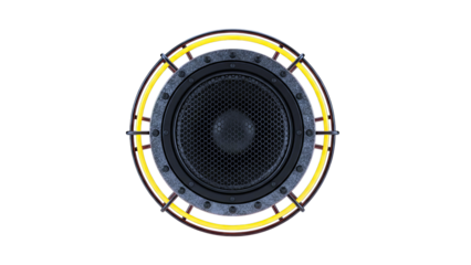 Top View of a Speaker with Yellow and Black Protective Grille