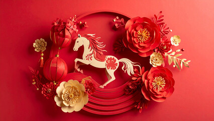 Red and gold Chinese New Year ornament with shiny ribbon and festive holiday decoration for celebration and new year season