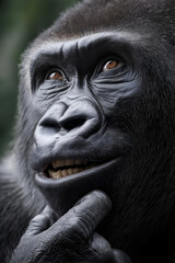 Obraz premium A close-up portrait of a thoughtful gorilla, showcasing its expressive face and intelligent eyes. This animal symbolizes strength and connection in nature.