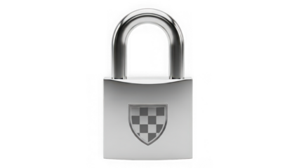 Silver padlock with checkered shield on transparent background isolated
