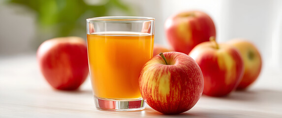 A refreshing glass of apple juice sits beside vibrant red apples on a clean, bright surface. Perfect for healthy drink options and enticing recipes.