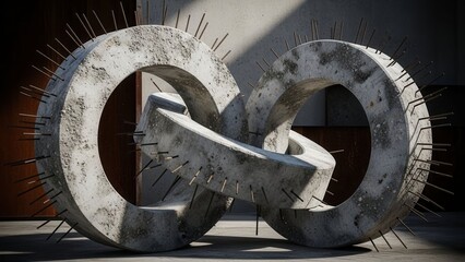 Concrete Infinity Symbol Sculpture with Nails - Abstract Concept of Endless Struggle or Persistence