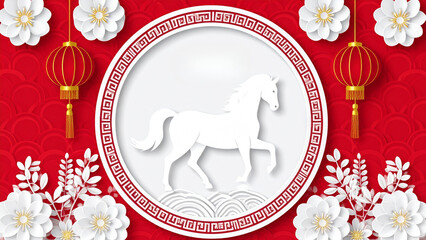 Chinese new year on the circle white color paper cut design. with white horse on frame.