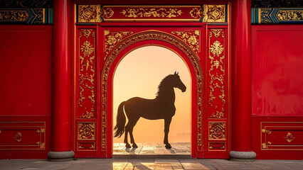 An ancient Thai temple entrance with gold decorations and wood patterns stands as a cultural gate in the Sahara desert where a camel rests by the old palace architecture
