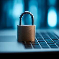 A close-up of a metallic padlock on a laptop keyboard, symbolizing digital security and data protection in the modern technological landscape.