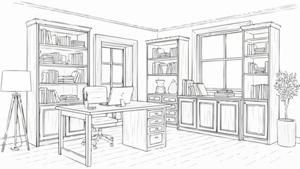 Sketch of a classic home office interior with bookshelves and desk. © Salsa