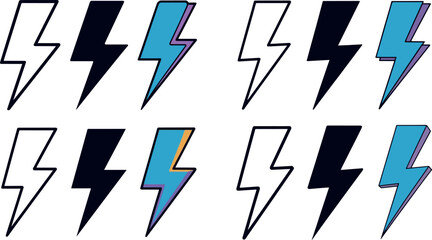 collection of various colored cartoon lightning bolt icons on white background