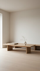 Serene Japandi Style Living Room with Low Wooden Furniture, Blank Walls, and Natural Light - Minimalist Home Interior.