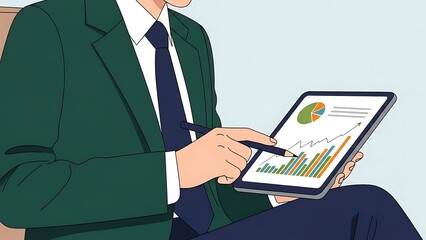Businessman in a suit analyzing financial data, graphs, and charts on a digital tablet with a stylus. Represents modern business analysis, growth, technology, and reporting.