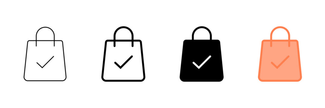 Set of minimalist shopping bag icons with transparent background, depicting purchase confirmation, successful transactions, e-commerce checkout, and order completion, vector illustration