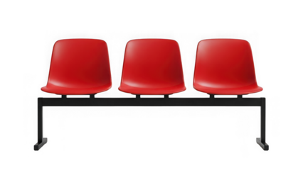 Three red chairs on black bench isolated on transparent background