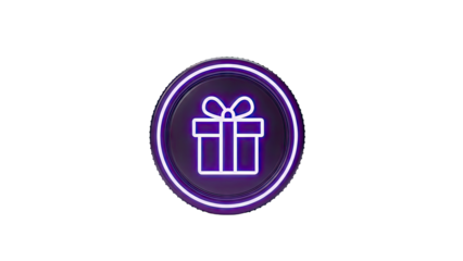 Neon Gift Box Icon on a Purple Disc