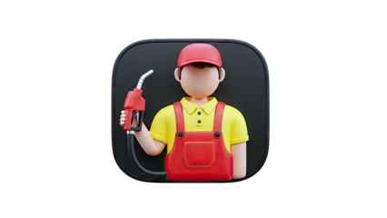 3D Cartoon Gas Station Attendant with Fuel Nozzle Icon