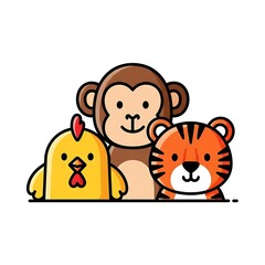 Fototapeta premium Cartoon animals monkey tiger chicken friends.