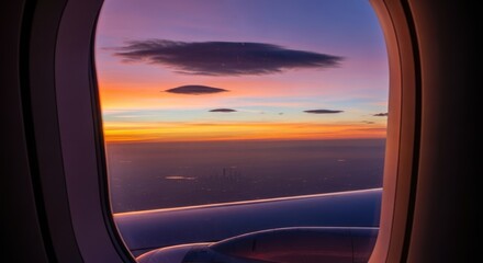 View from an airplane window, showcasing a colorful sunset with clouds and distant city lights.