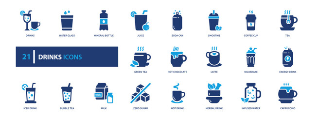 Drinks solid icon set. Beverage water coffee tea juice milk smoothie energy drink icons for cafe menu, restaurant, food app, and UI design