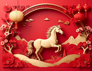 Red golden illustration of a reindeer and horse silhouette pattern for chinese New Year holiday celebration card design
