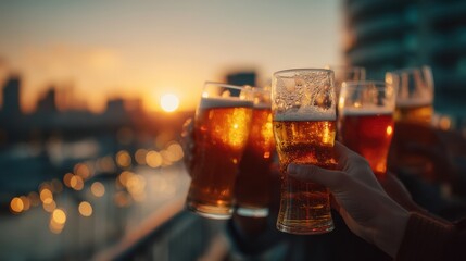 A group of friends enjoying craft beers on a balcony during a toast.