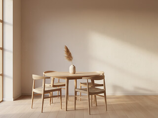 Bright Scandinavian Dining Room Corner with Stucco Wall, Wooden Table, and Empty Copy Space - Minimalist Interior Design