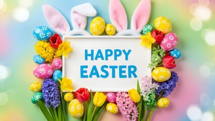 Happy easter day with easter bunny and colorful tulips