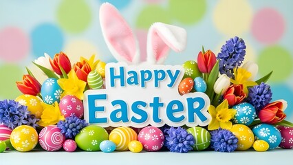 Happy easter day celebration with colorful eggs and flowers