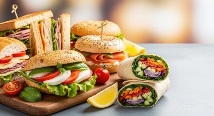 A variety of sandwiches and wraps on a wooden cutting board with fresh vegetables and lemon wedges.