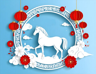 Vector illustration of a festive Christmas greeting card featuring a winter horse silhouette and reindeer ornaments in a snowy New Year season design